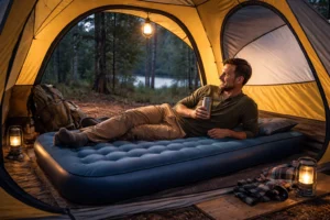A camper using an air mattress in a tent
