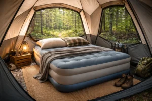 An air m mattress in a tent