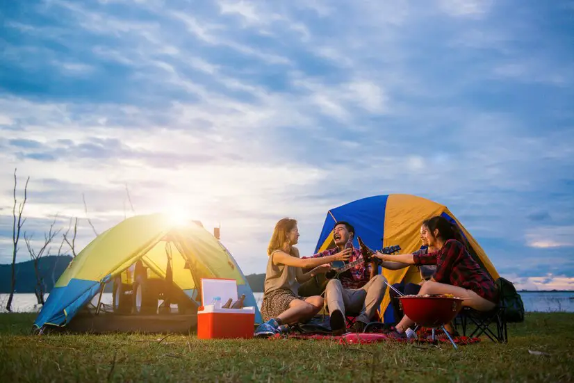 Group Man Woman Enjoy Camping Picnic Barbecue Lake With Tents Background Young Mixed Race Asian Woman Man Young People S Hands Toasting Cheering Bottles Beer 1253 1041