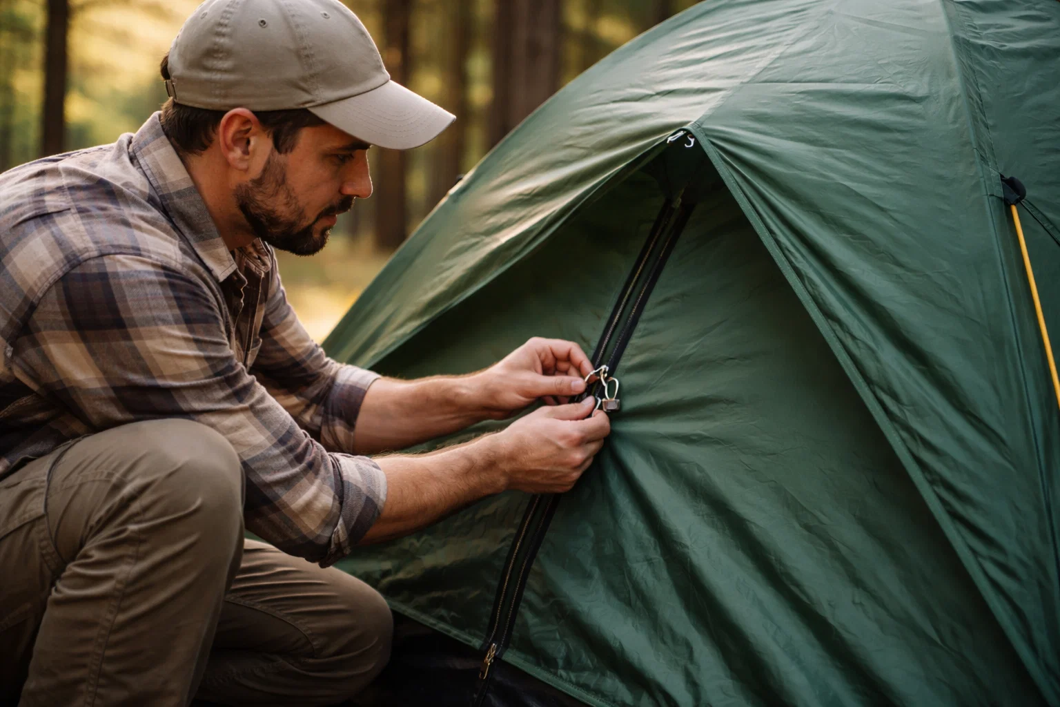 A man locking a tent
