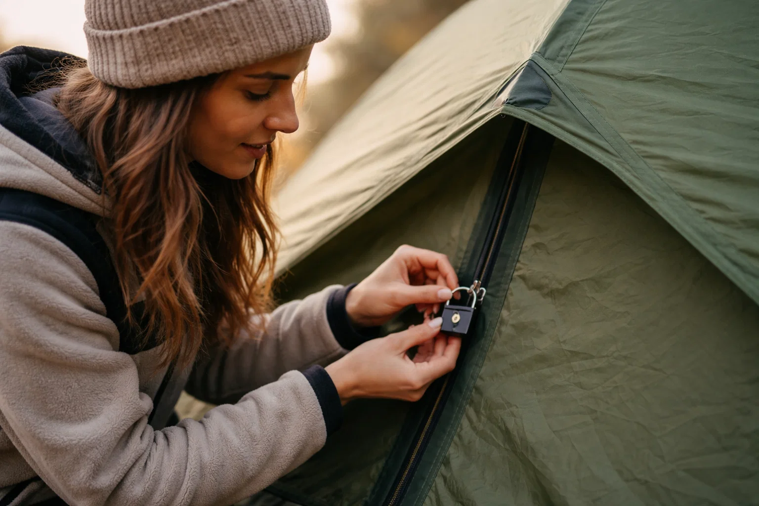 A woman locking a tent