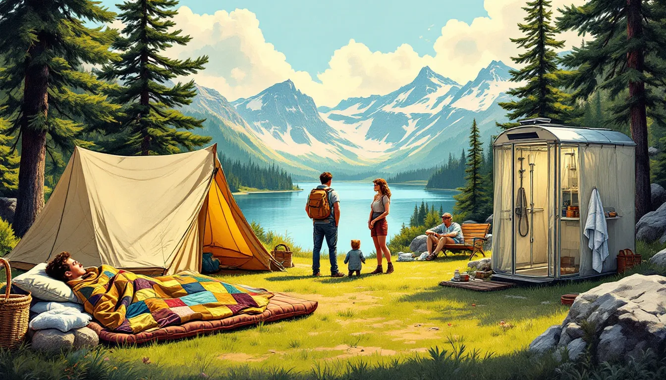 Comfort and convenience camping gear including sleeping pads and camp showers.