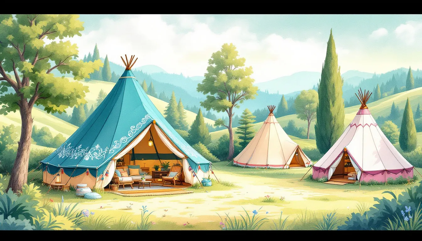 Various models of glamping tents displayed in a camping store.