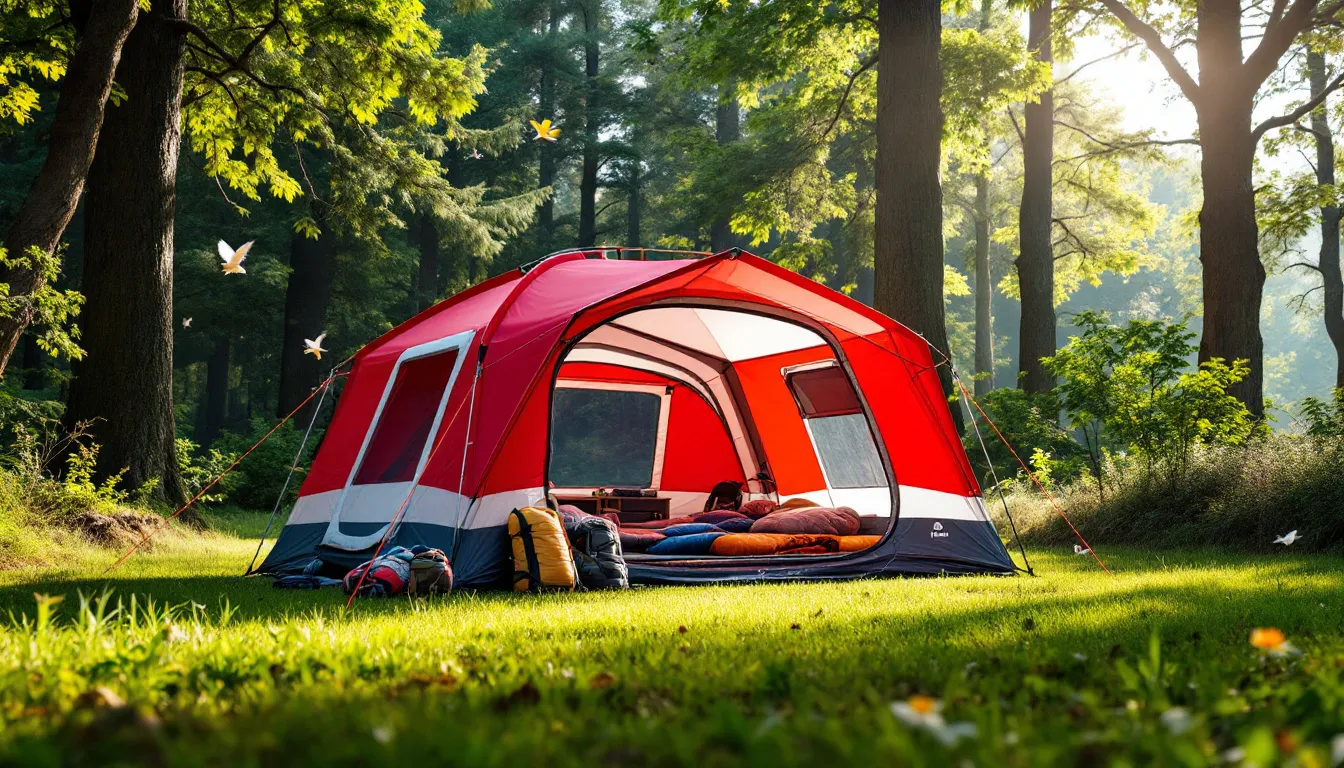 NEMO Aurora Highrise 4 tent in a lush camping area, showcasing its spacious design.