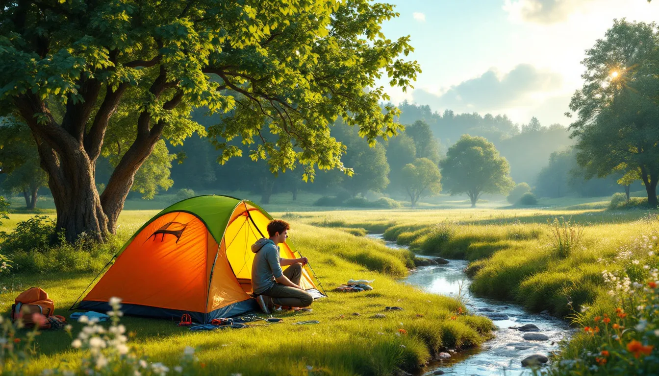 A beginner setting up a camping tent in a beautiful outdoor location.