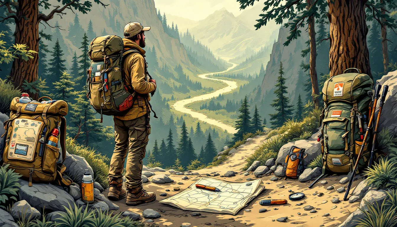 Hiking and backpacking essentials including backpacks and navigation tools.