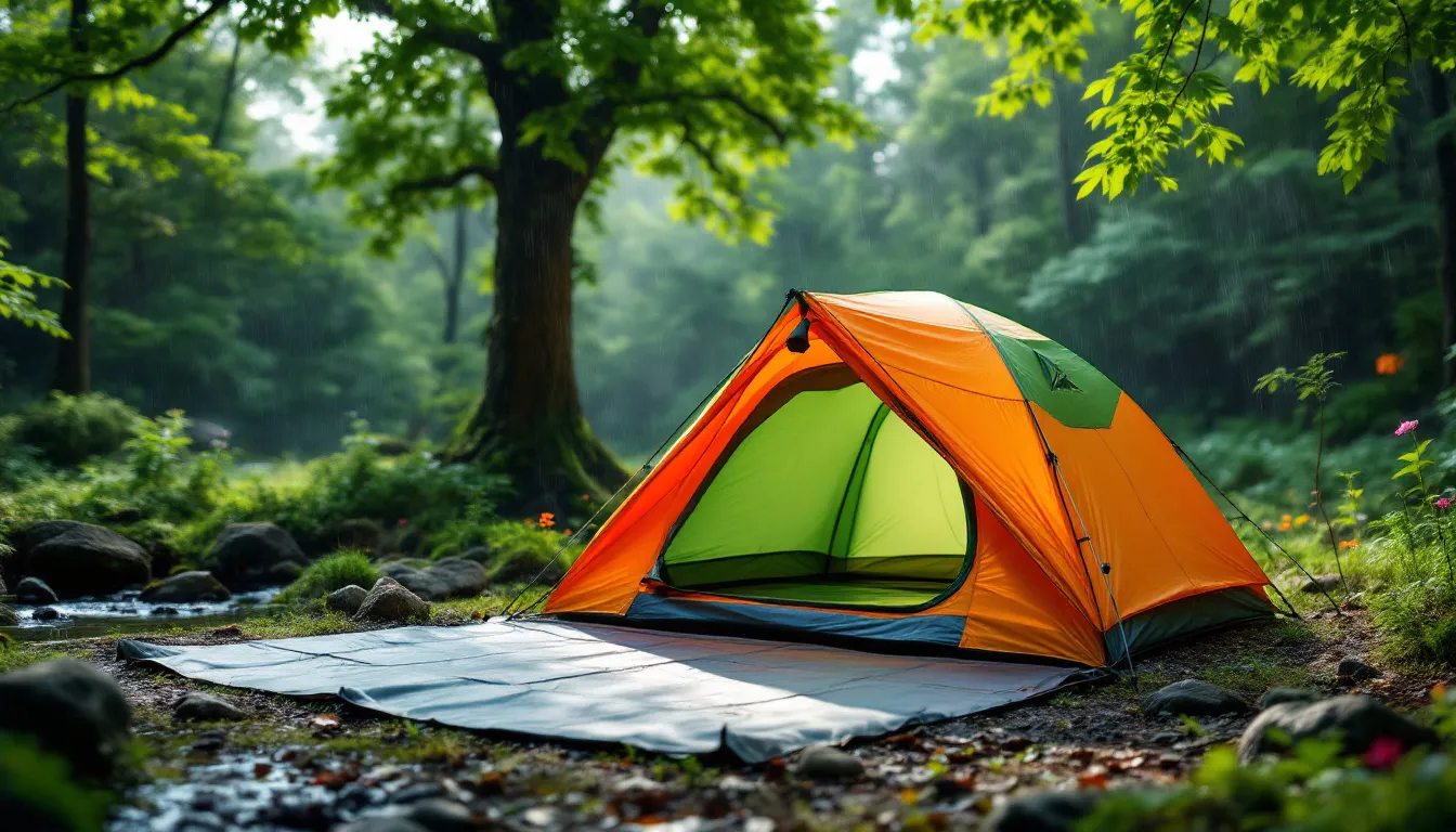 A camping scene showing a tent with a footprint, demonstrating its benefits.