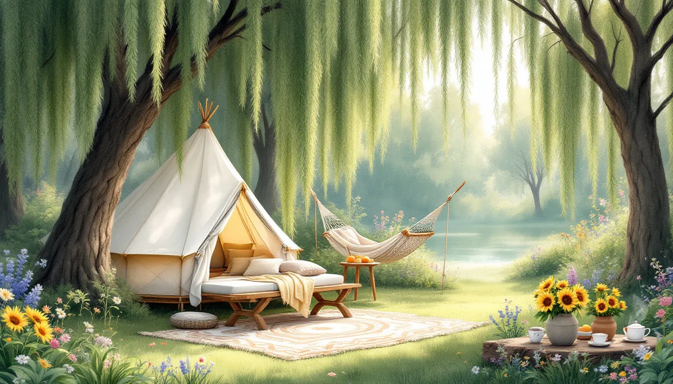 Accessories enhancing the glamping experience around a tent.