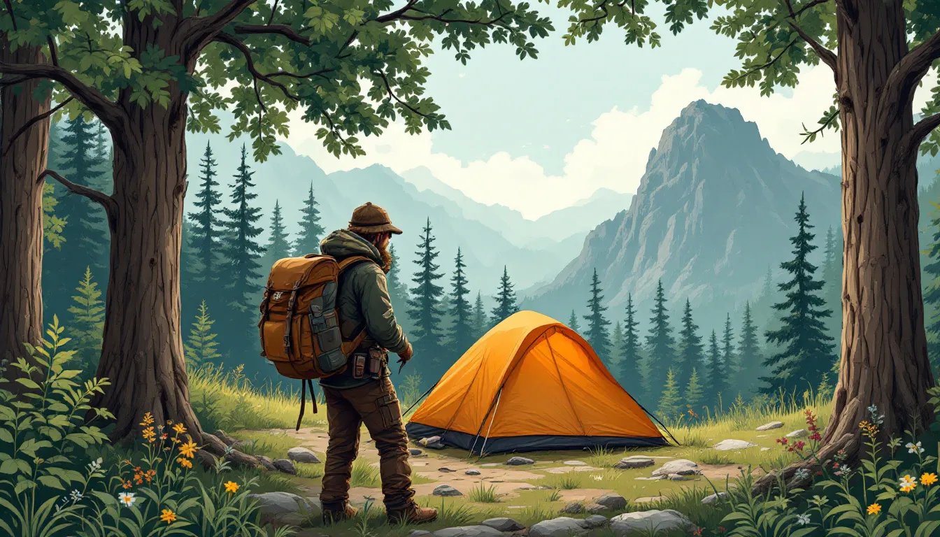 A camper setting up a one man backpacking tent at a campsite.