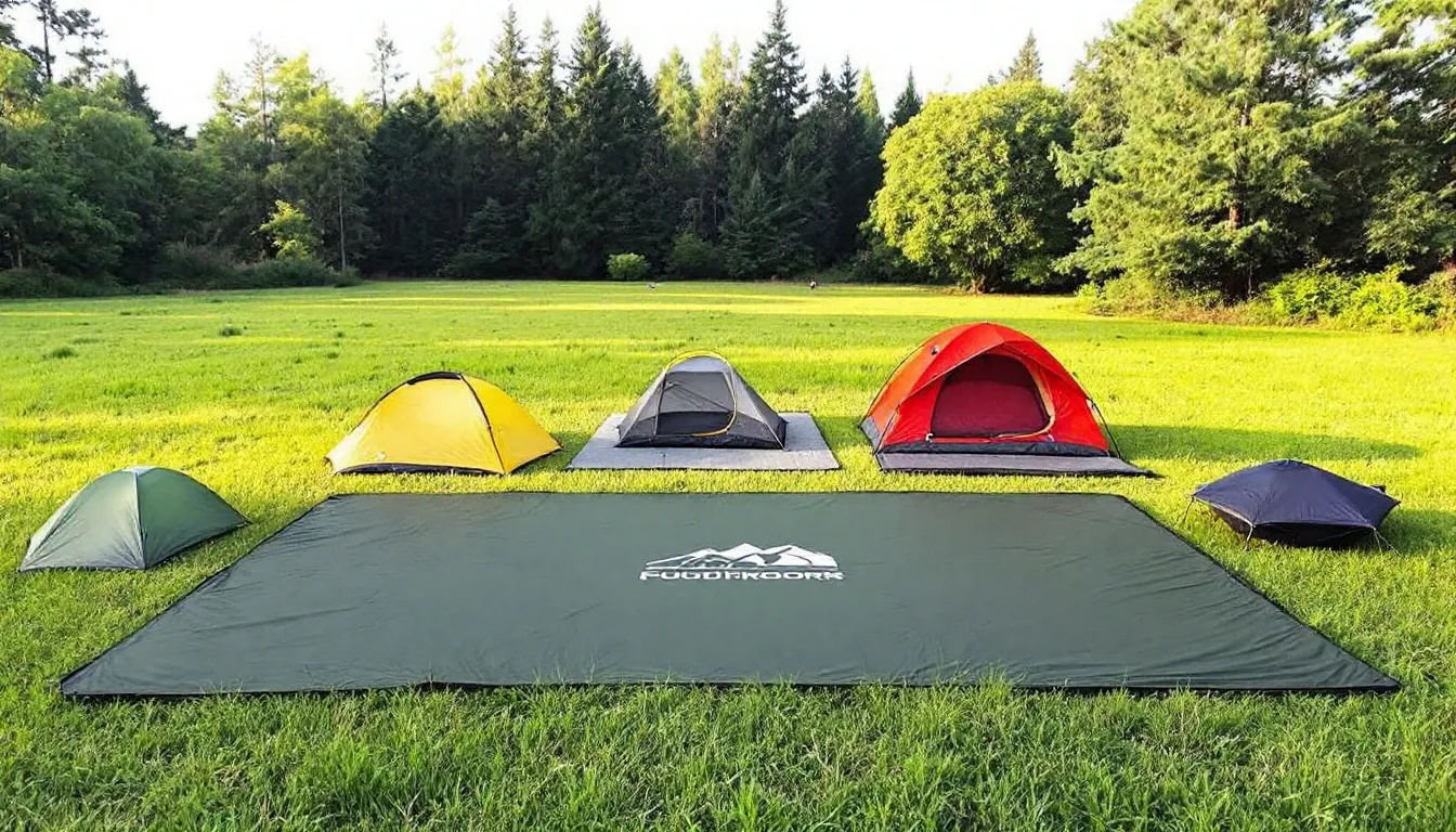 Different types of tent footprints laid out for comparison.