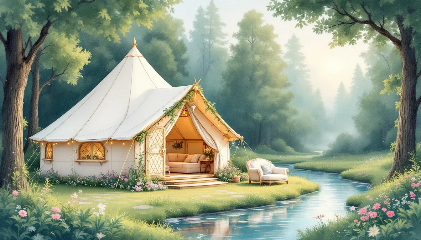 A beautiful glamping tent set up in a scenic outdoor location.