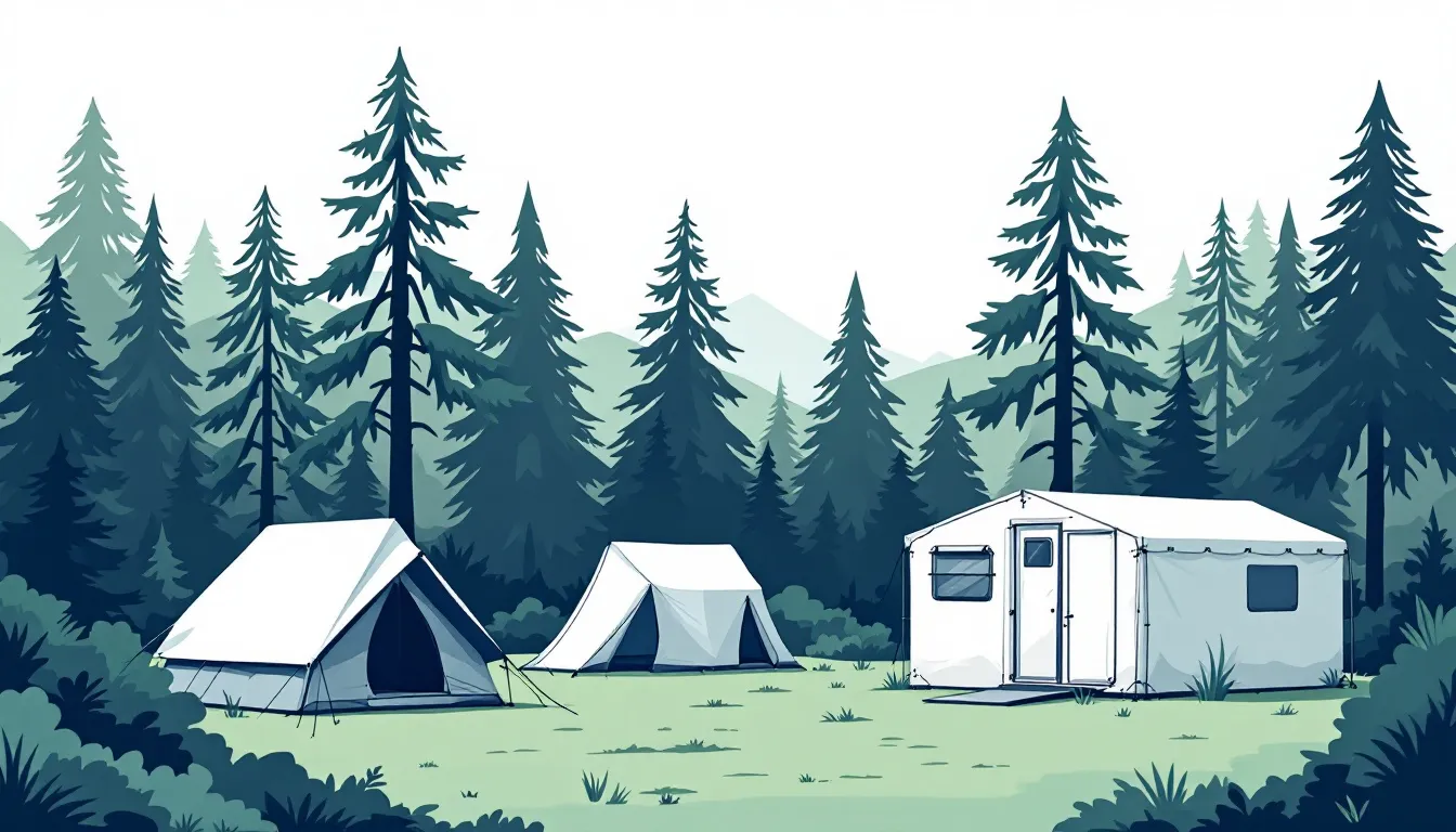 An illustration showing various camping tents suitable for different capacities, emphasizing tent buying.