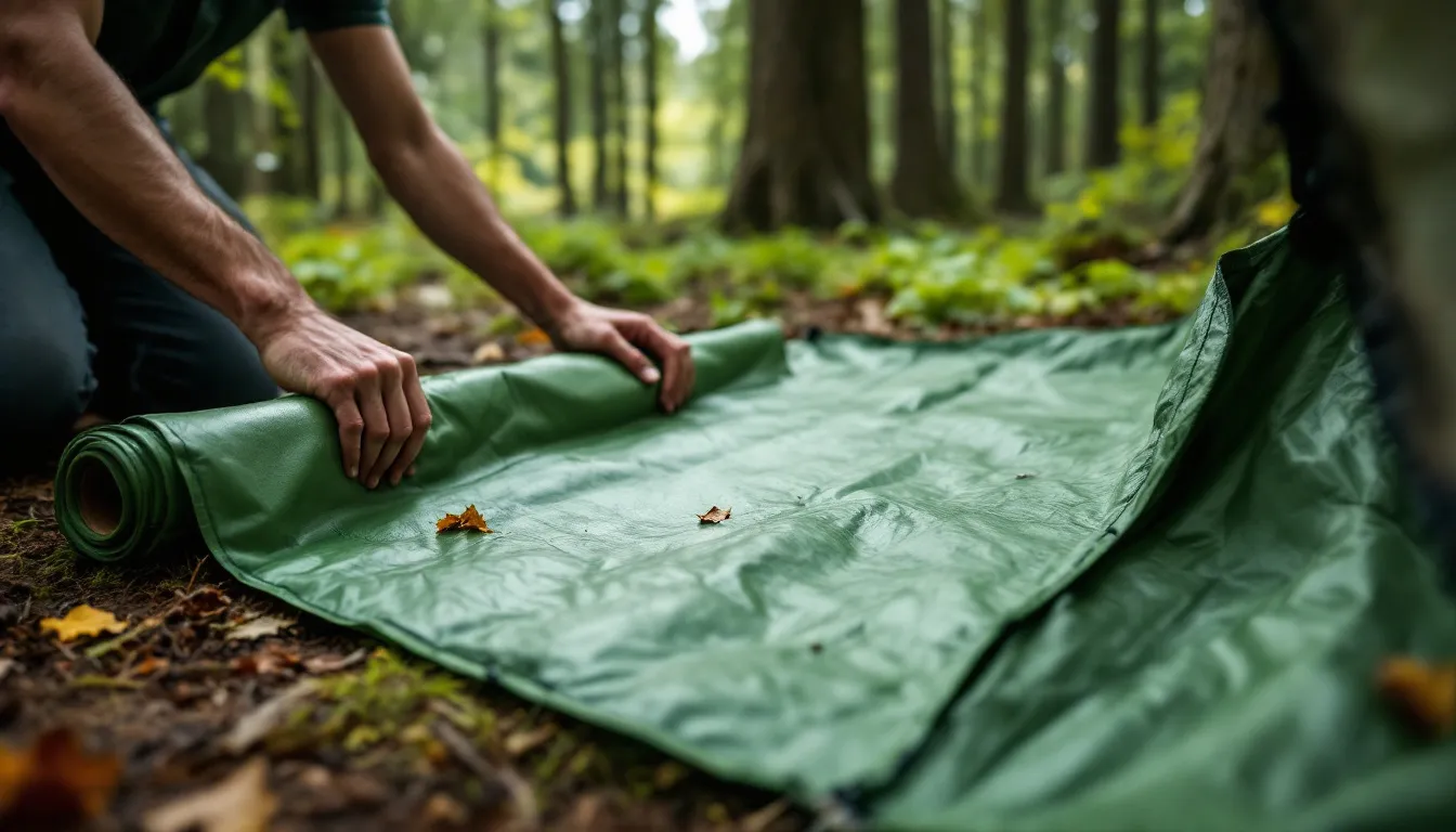 A person setting up a tent footprint before pitching a tent.