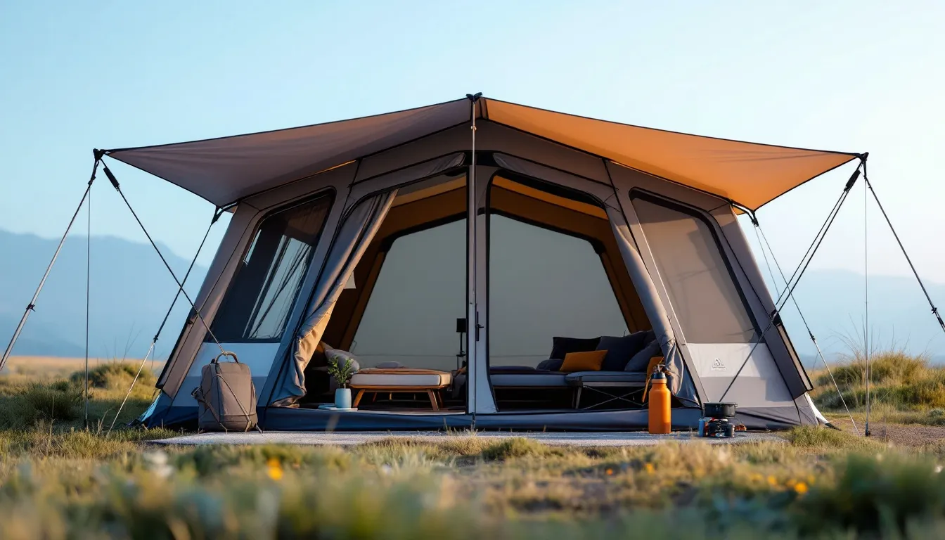 An image illustrating various weather protection features of tents.