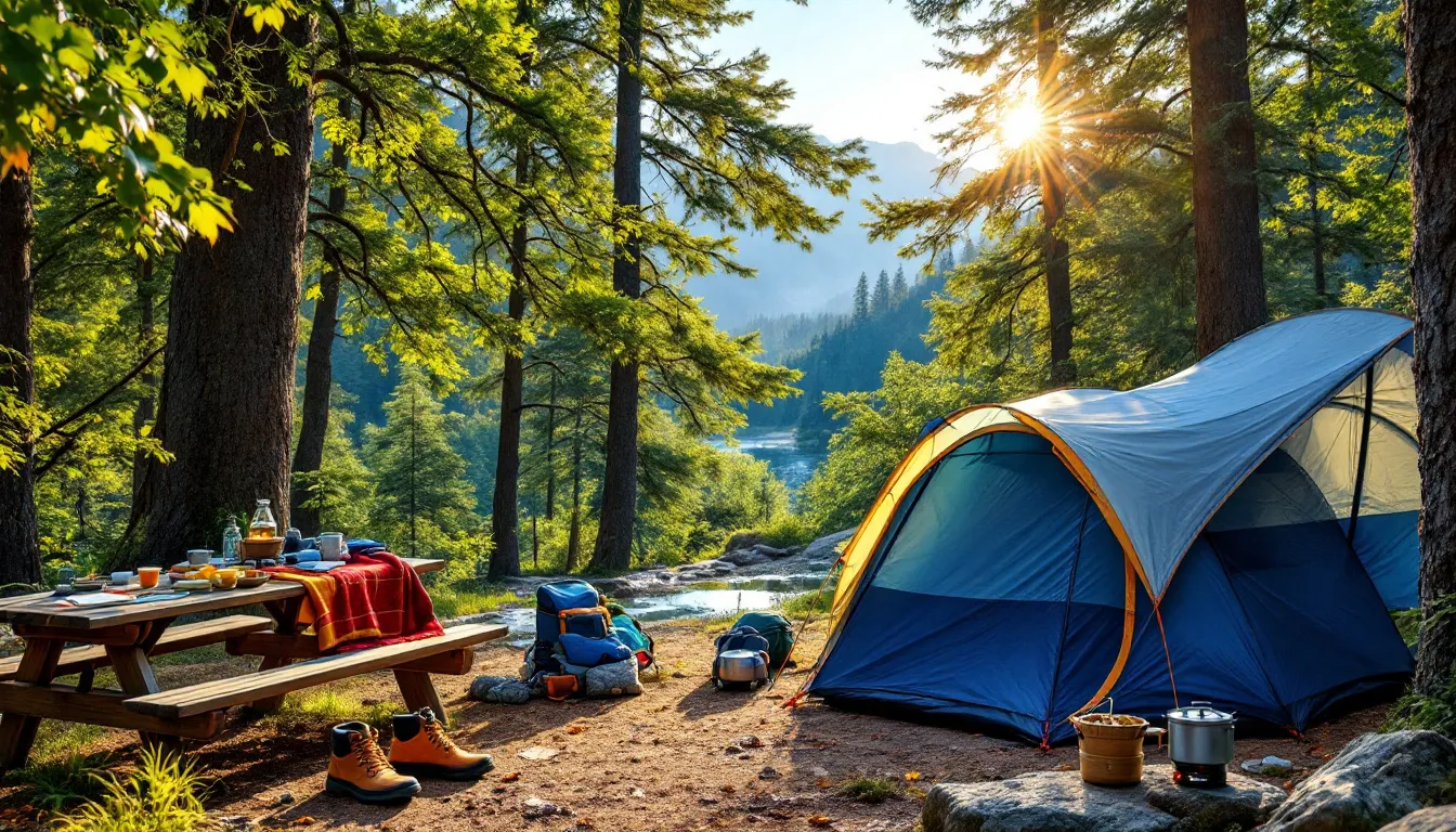 The REI Half Dome 2+ tent set up in a scenic camping area, ideal for beginners.