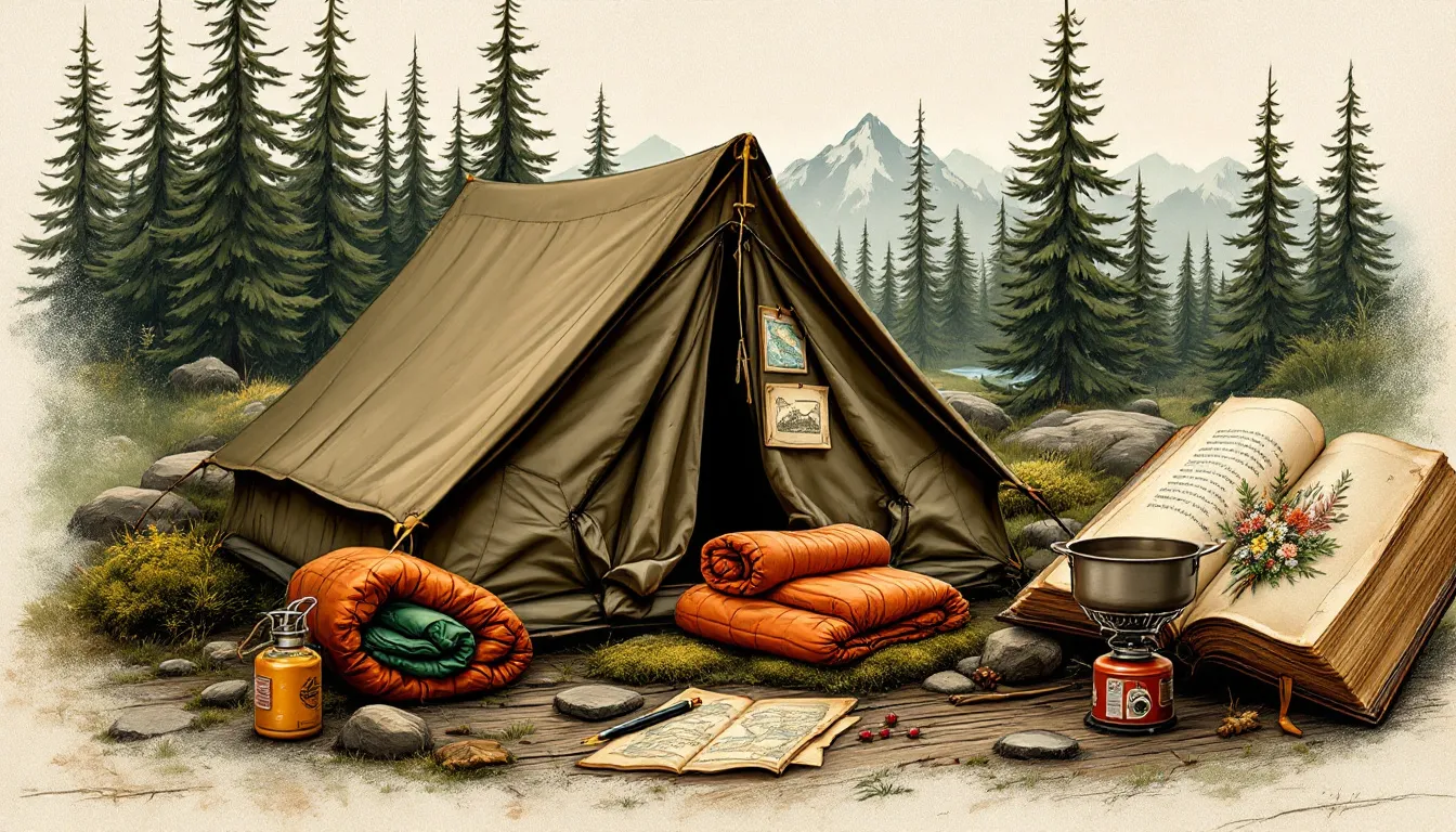 A collection of essential camping gear including tents, sleeping bags, and camp stoves.