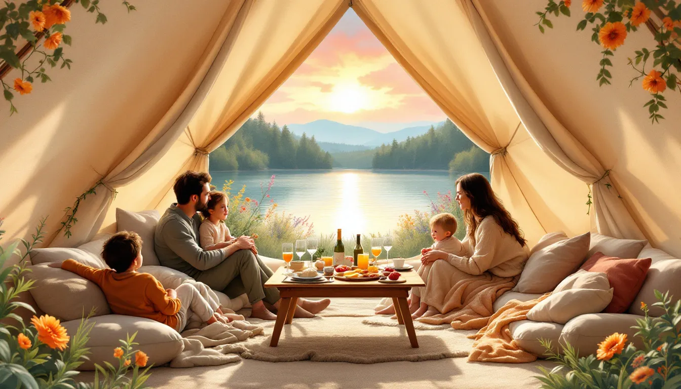 A family enjoying a glamping experience in a tent surrounded by nature.