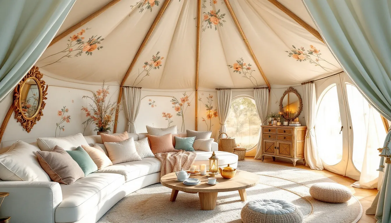 Interior view of a luxury glamping tent showcasing its spacious design.