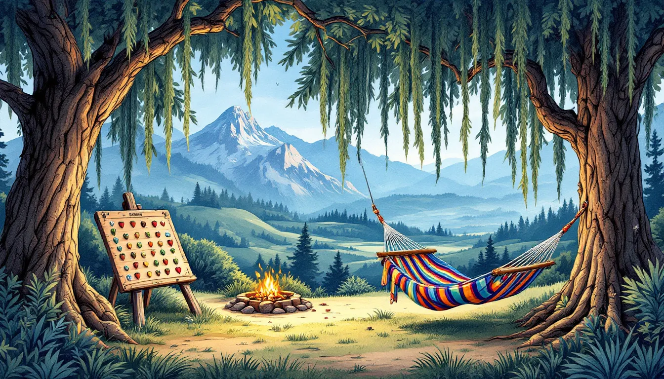 Outdoor entertainment gear including hammocks and games.