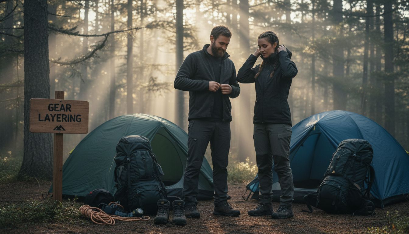 Campers layering clothing at forest campsite