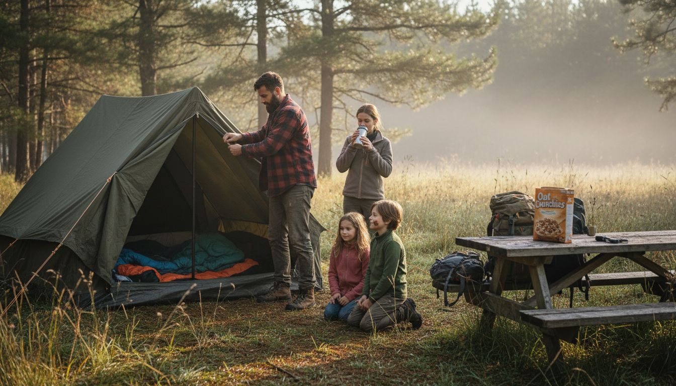 Family starts morning camping by tent in forest