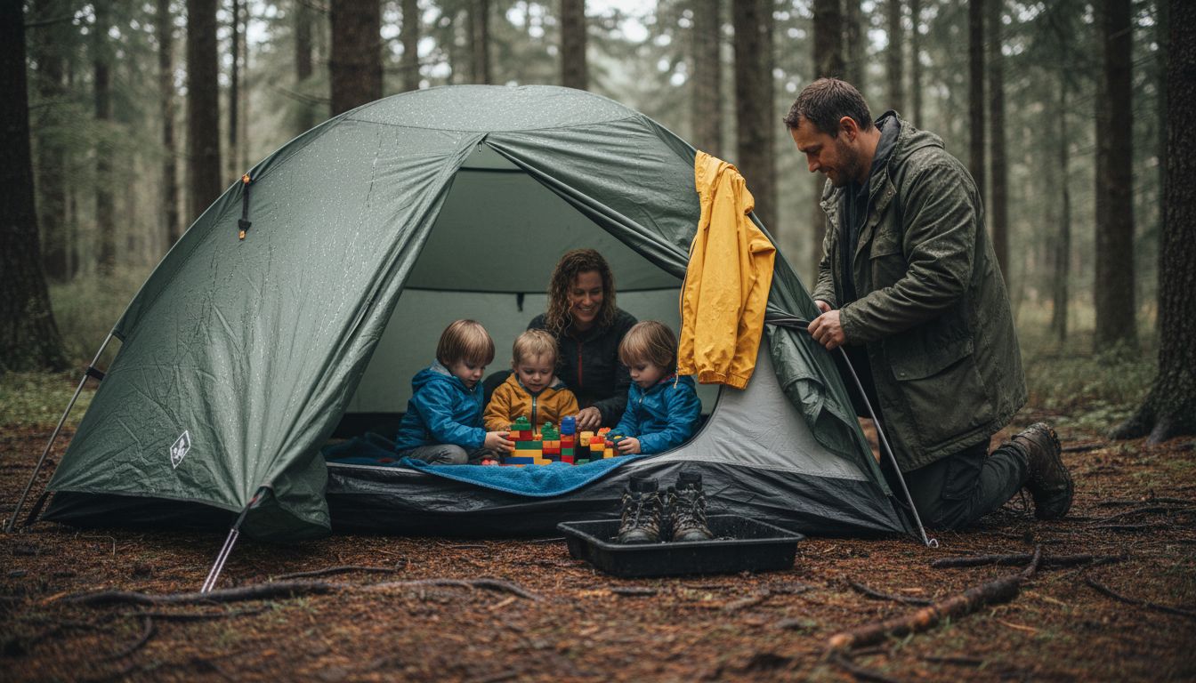 Family in waterproof tent during rain