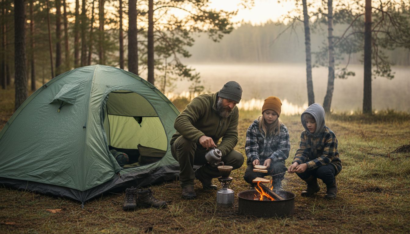 Family camping by tent at sunrise lakeshore