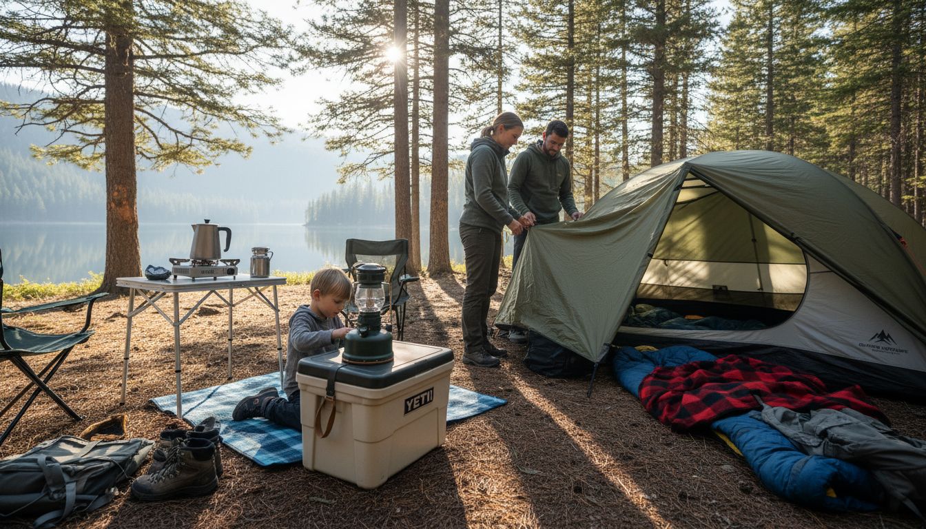 Family setting up campsite with smart accessories