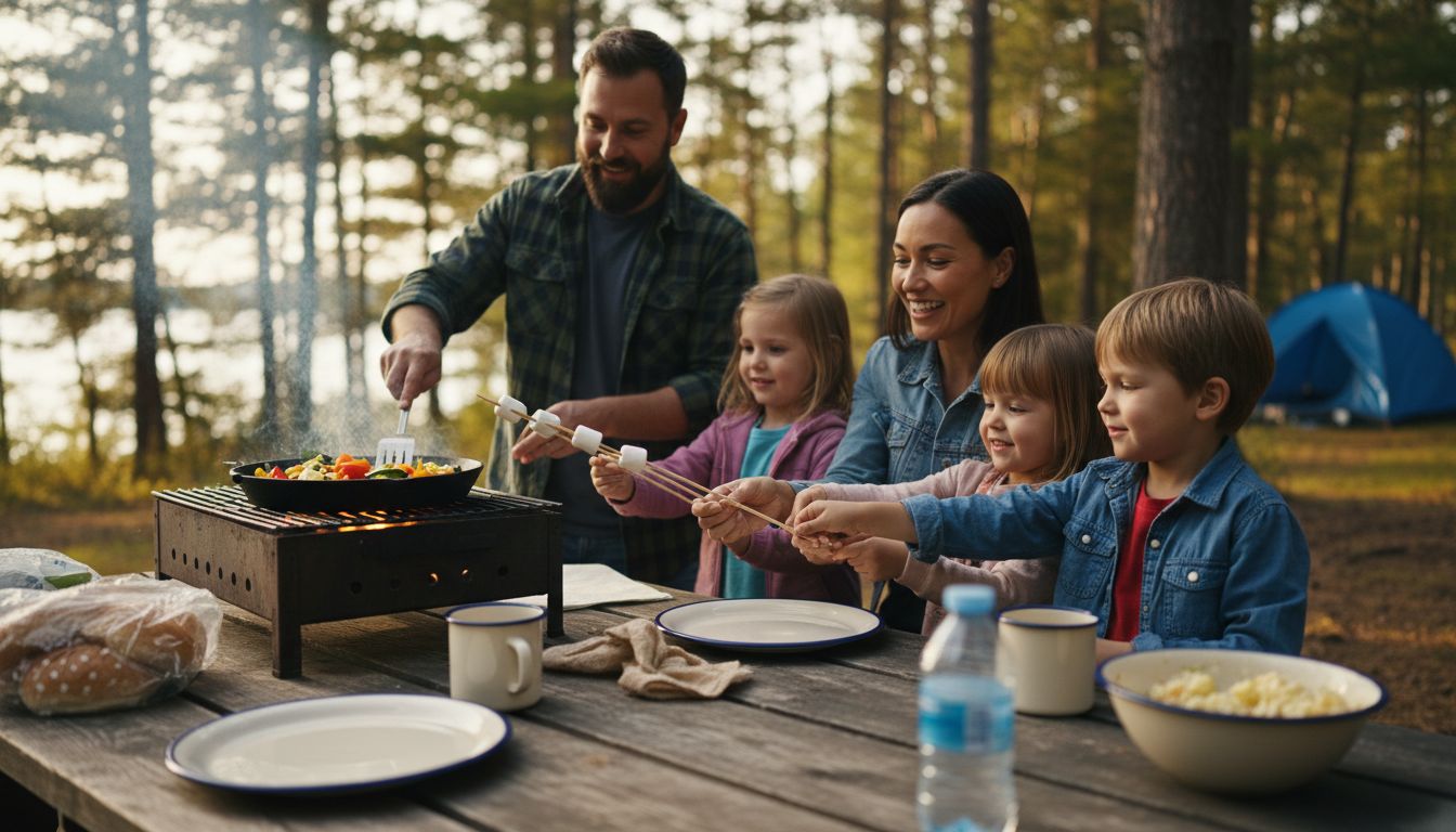 Family cooking at lakeside campsite