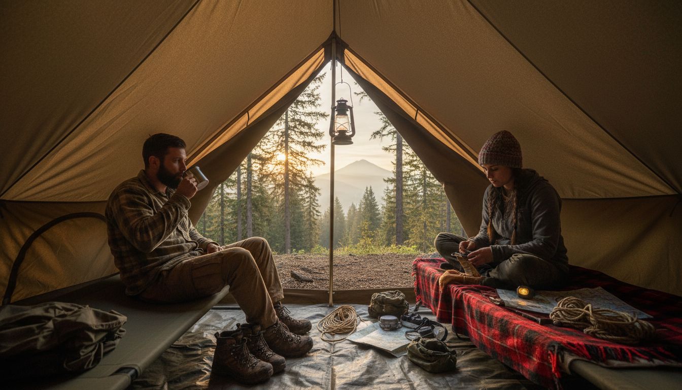 Campers relaxing on cots inside forest tent