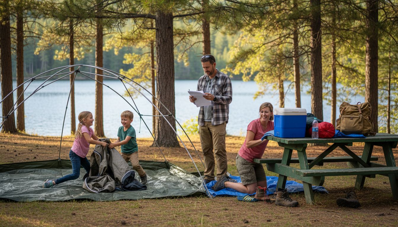 Family sets up beginner campsite gear