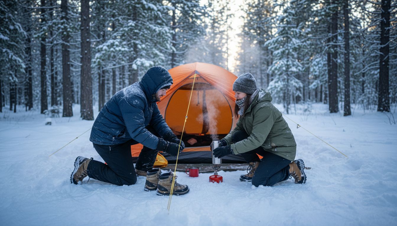 Campers setting up winter tent in snowy forest