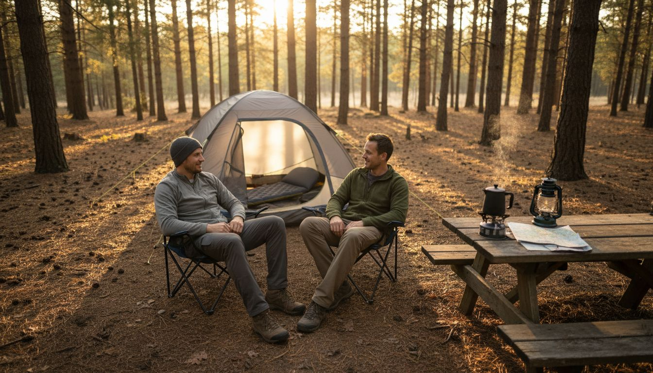 Relaxed campers and cozy early morning campsite