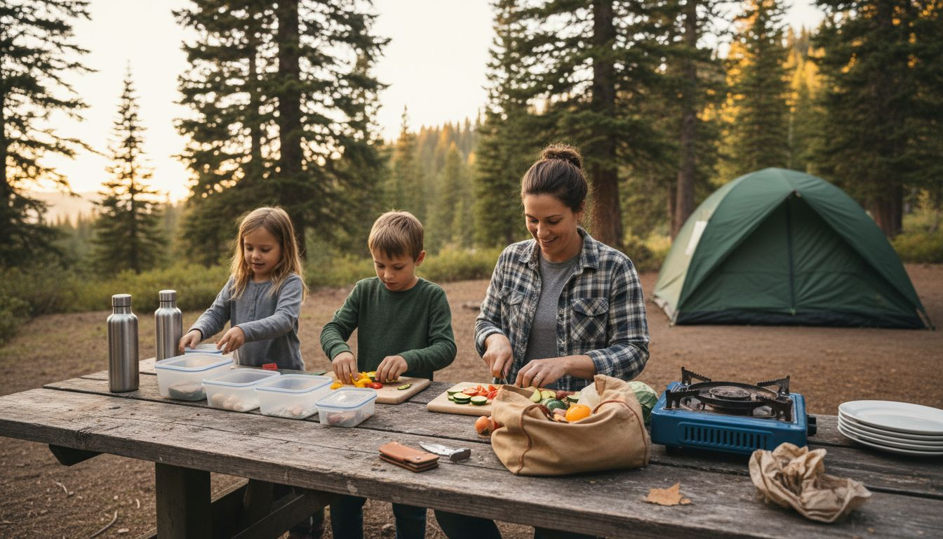 Family prepping meals at wooded campsite