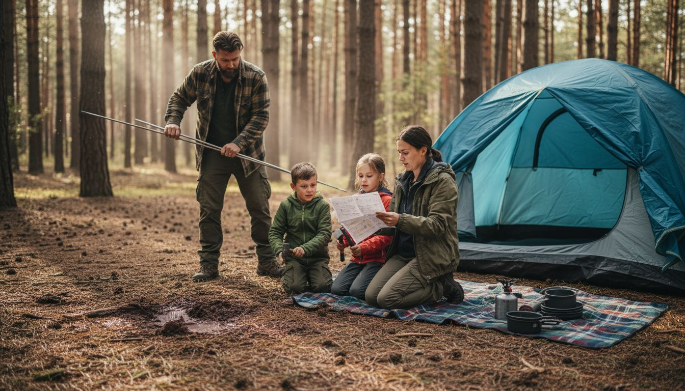 Family pitching tent in forest campsite