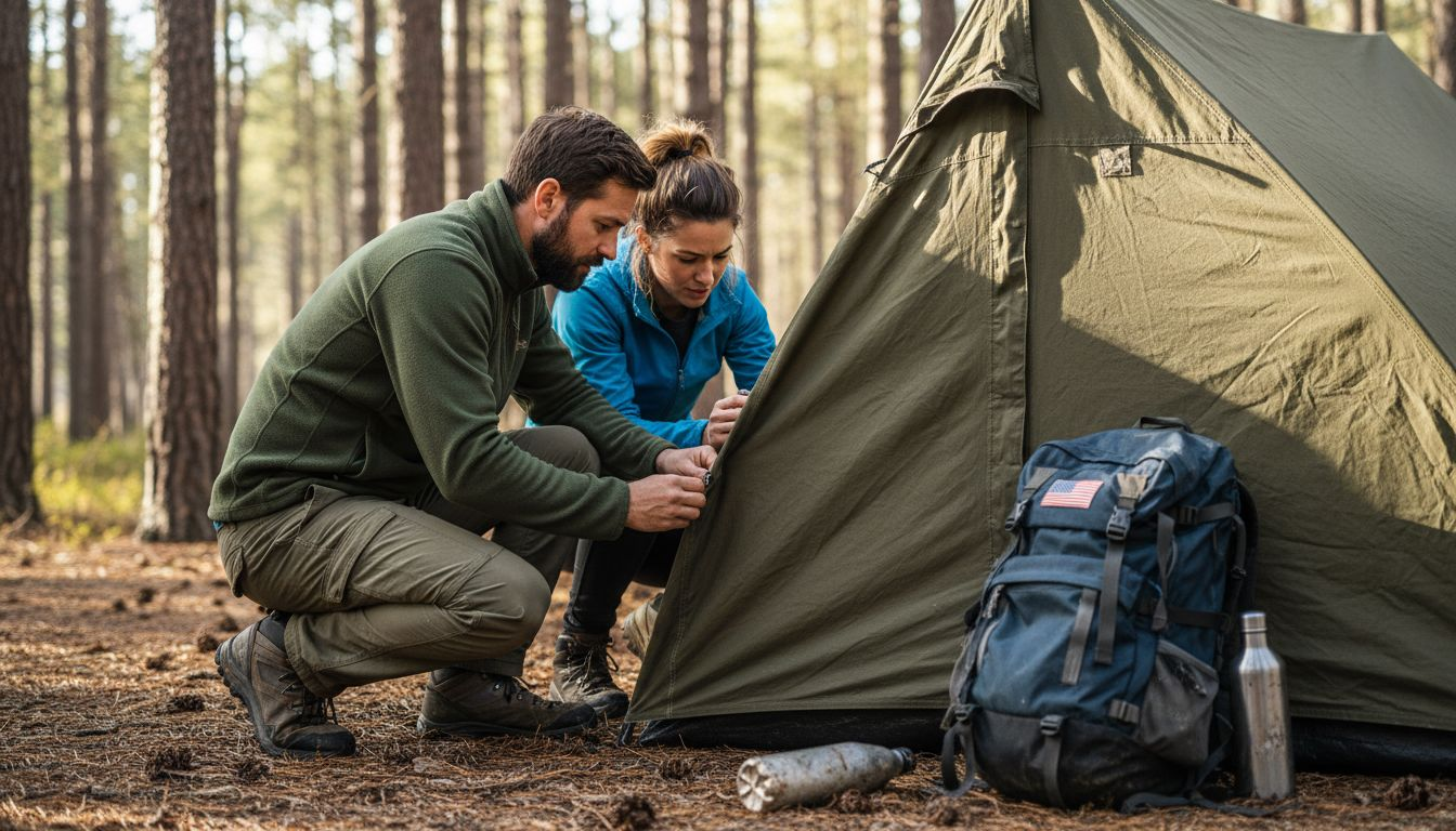 Campers examining tent fabric in forest