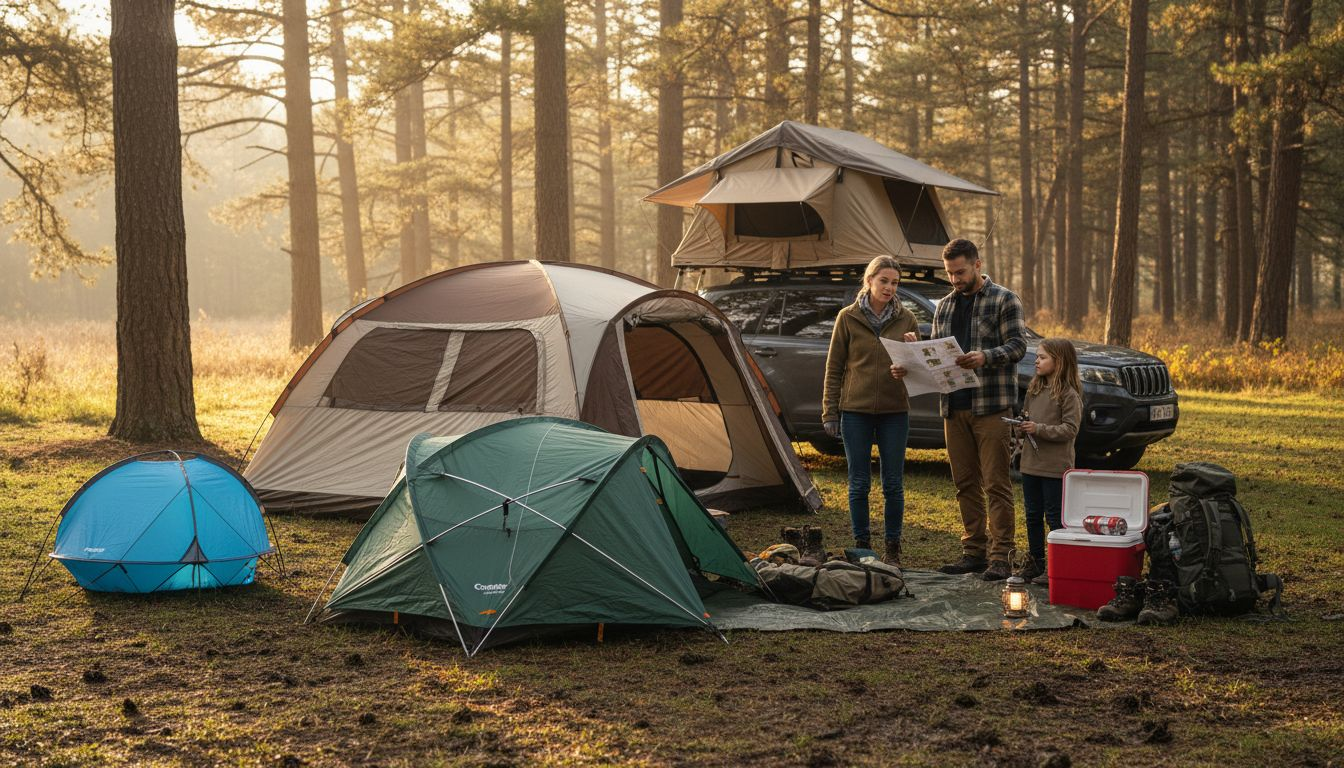 Family assembling various camping tents together