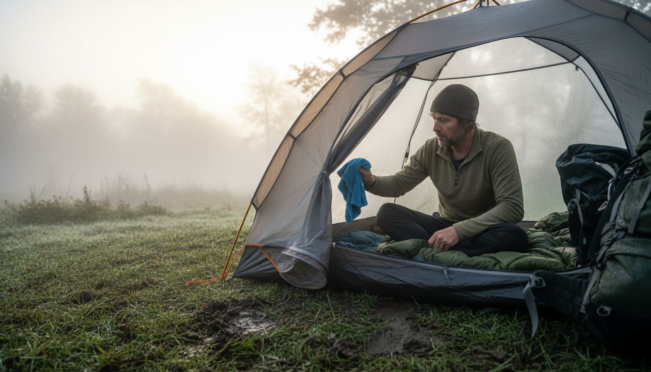 Camper wiping condensation inside tent