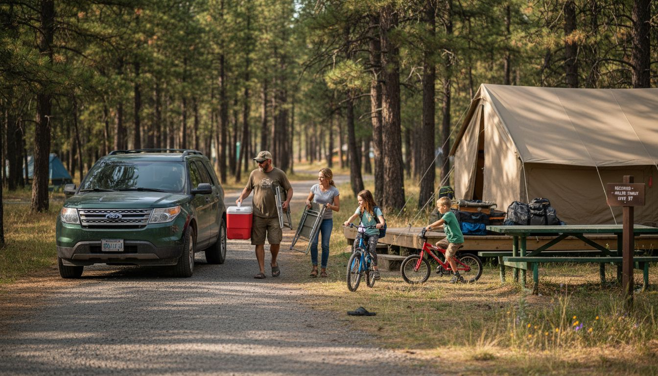 Family arriving at seasonal campsite with gear