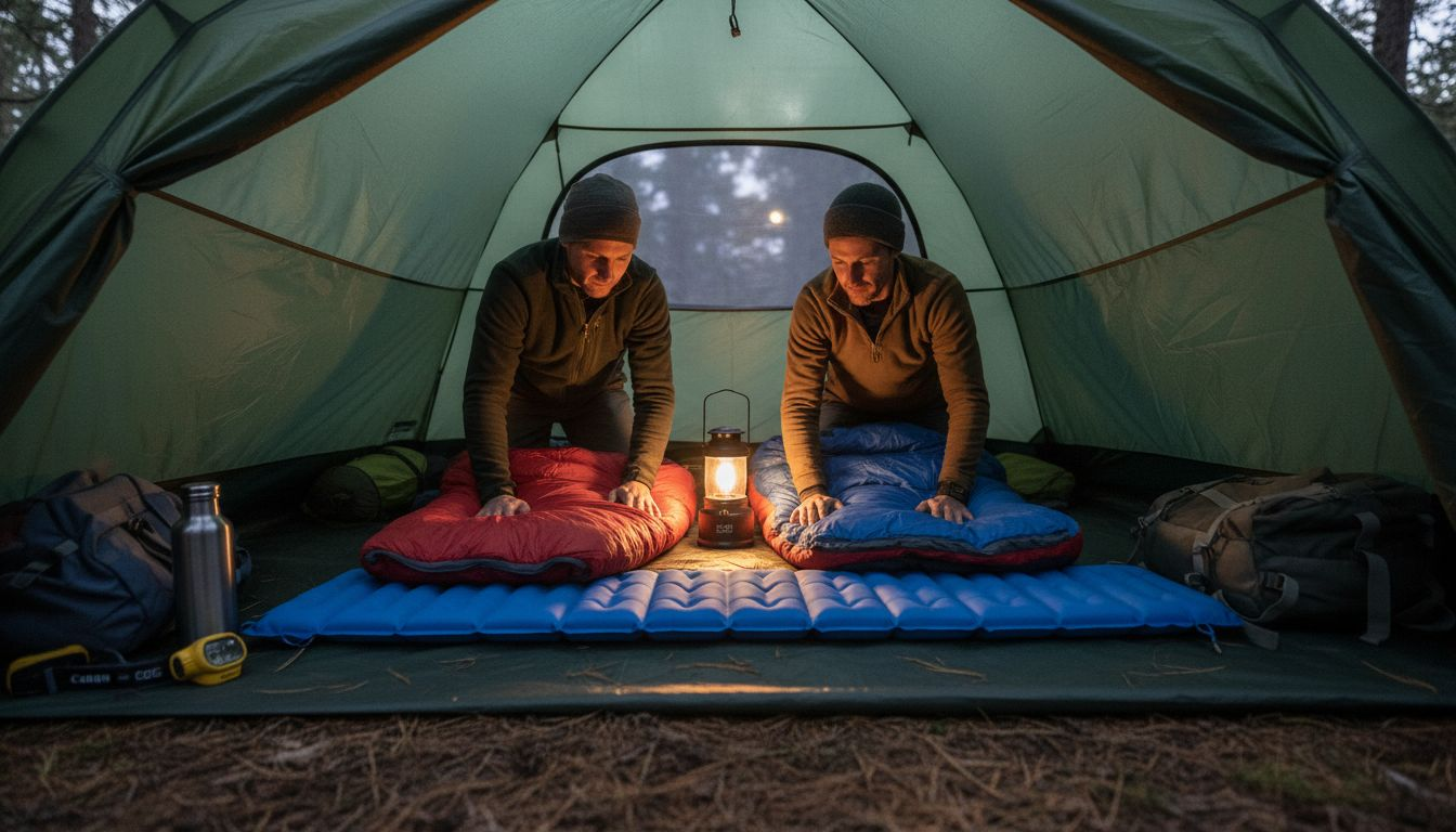 Campers arranging sleep setup inside tent
