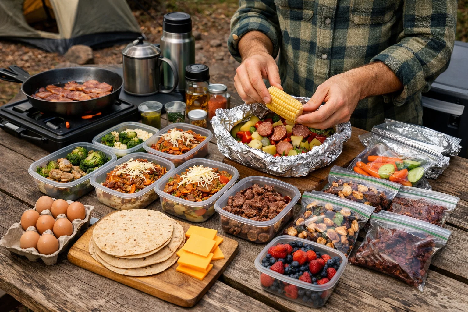 Camping meal prep- someone meal prepping for camping