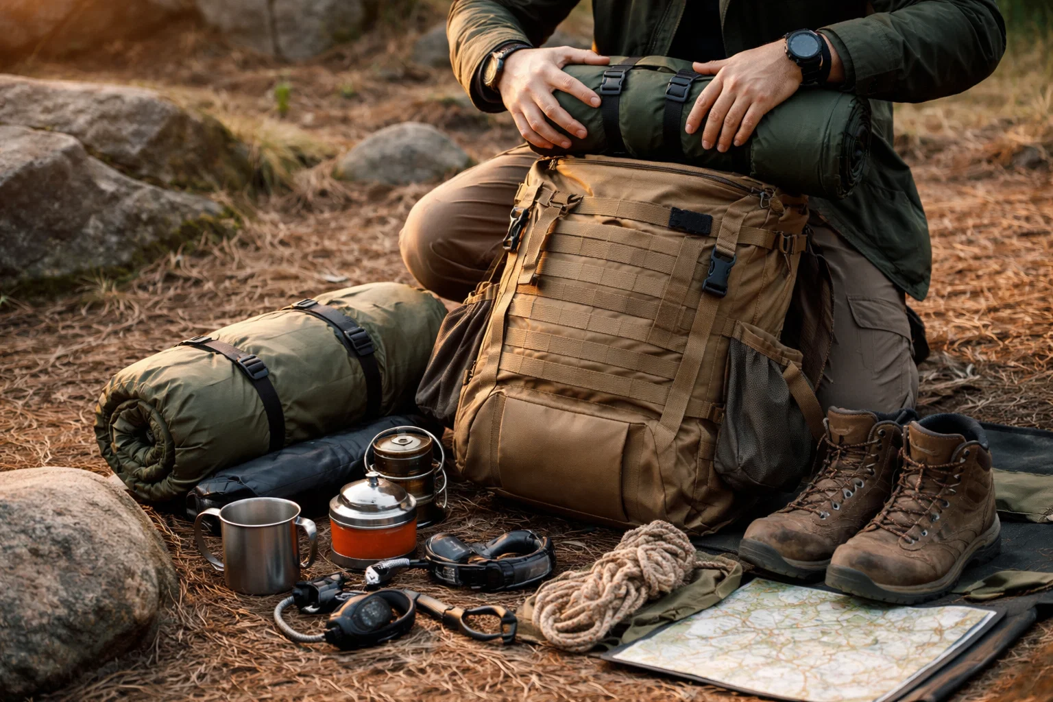A man showing how to pack camping gear