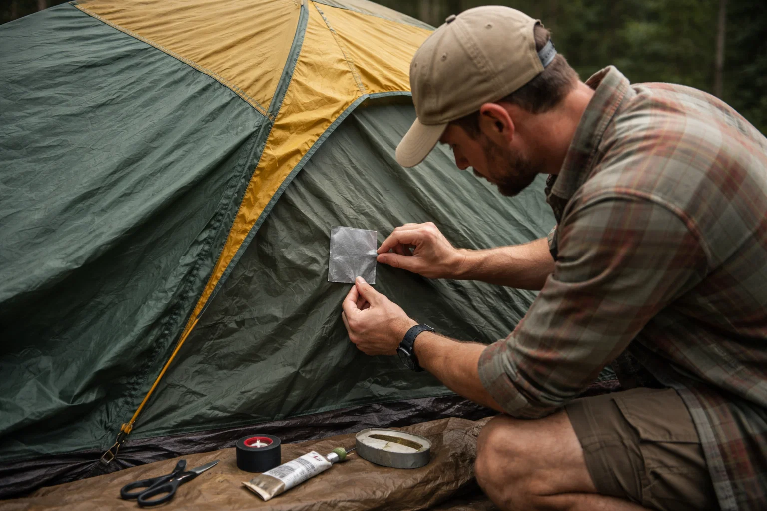 A man conducting tent repair 