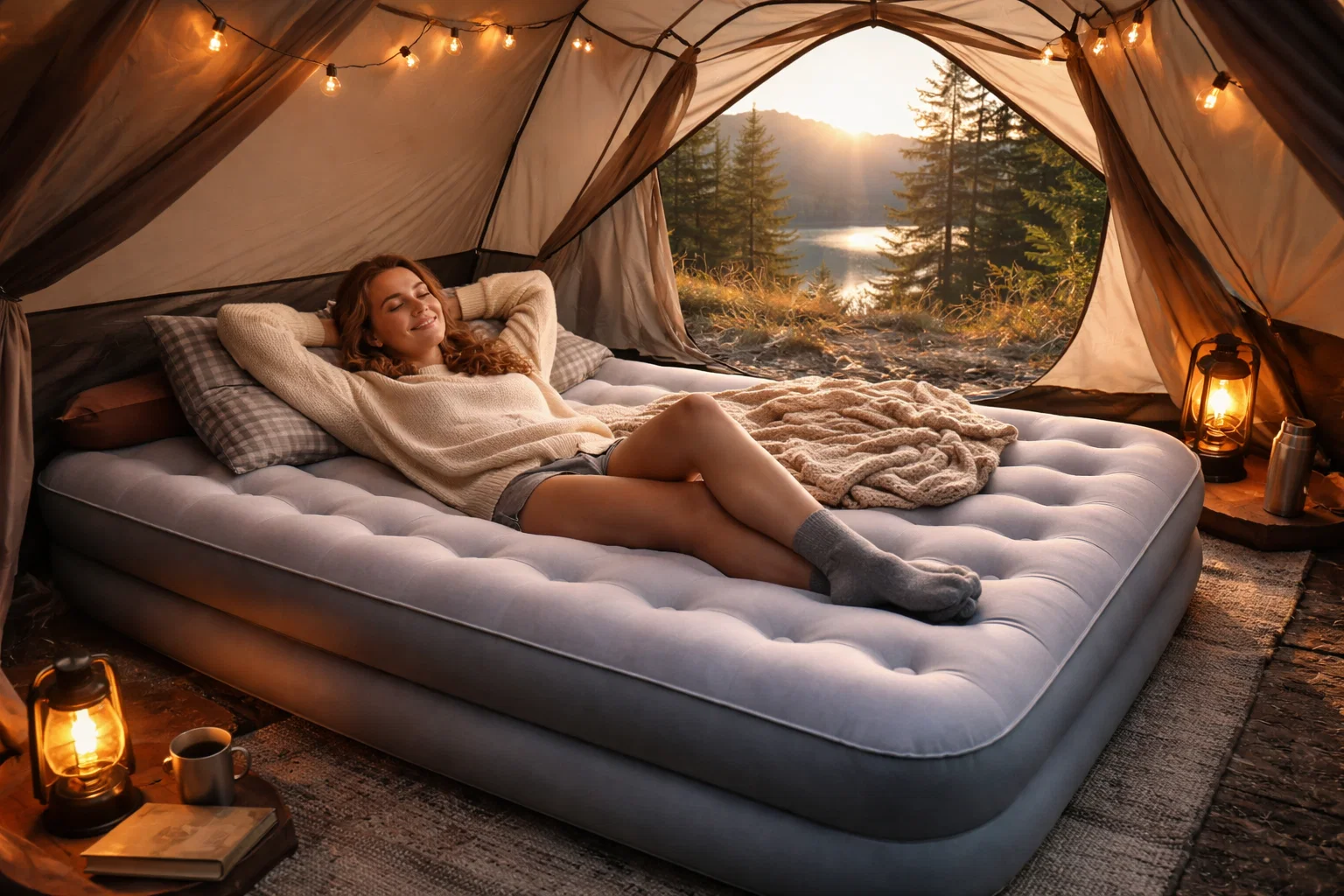 A woman in a tent on a soft and high quality air mattress 