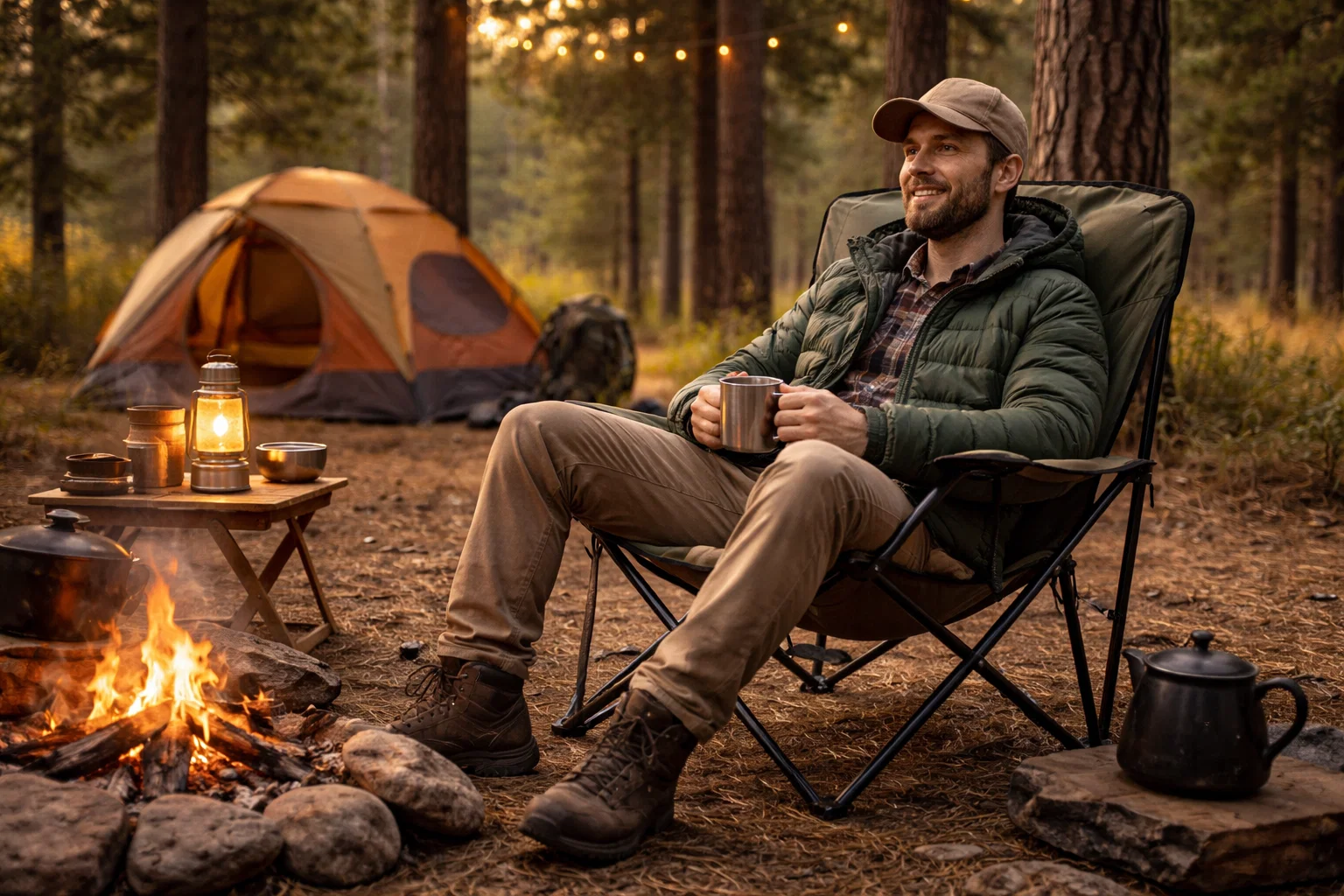 Camping comfort- A man sitting in a camping chair next to a fire in the woods with a tent in the background