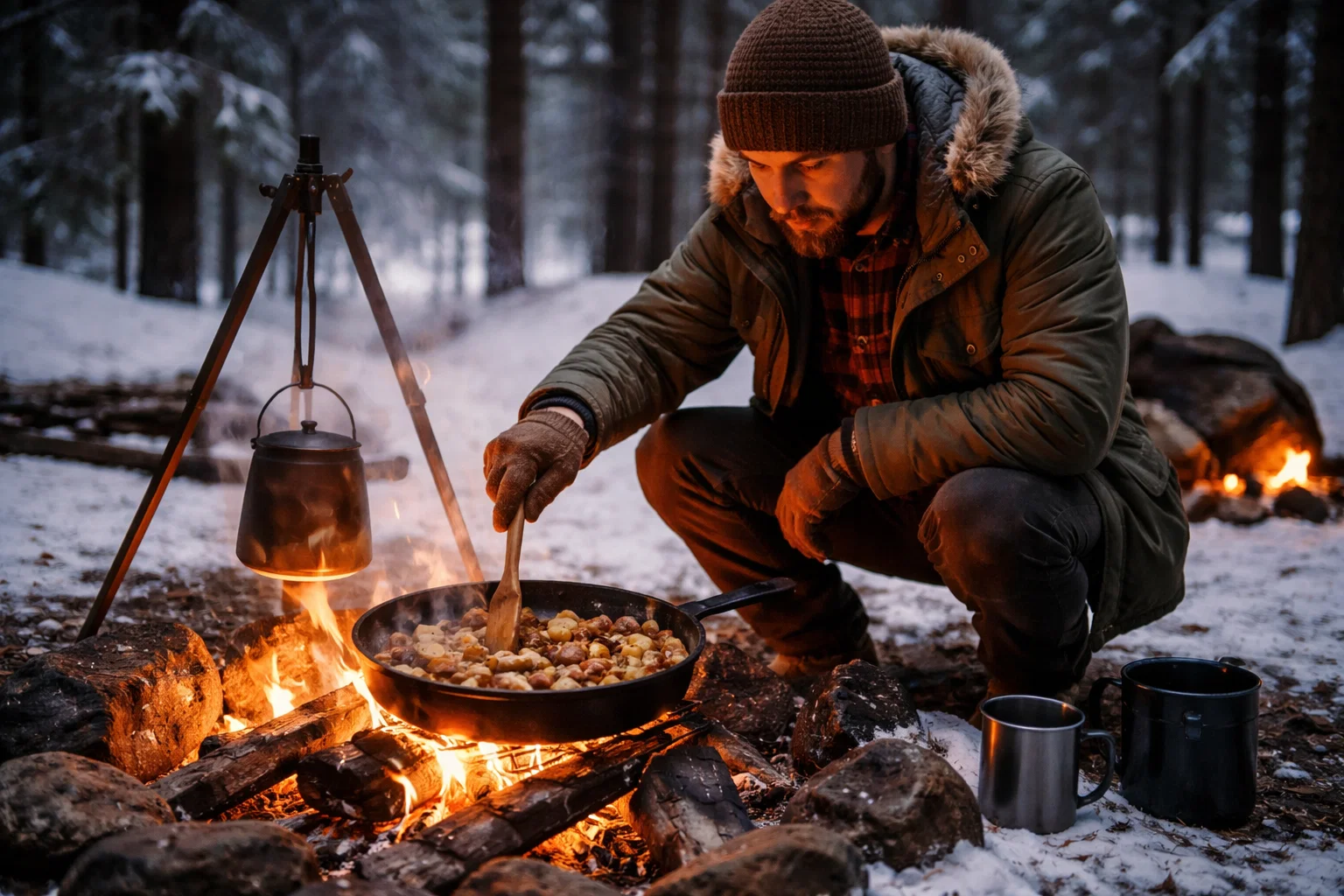 A camper cooking a meal over a fire in the winter