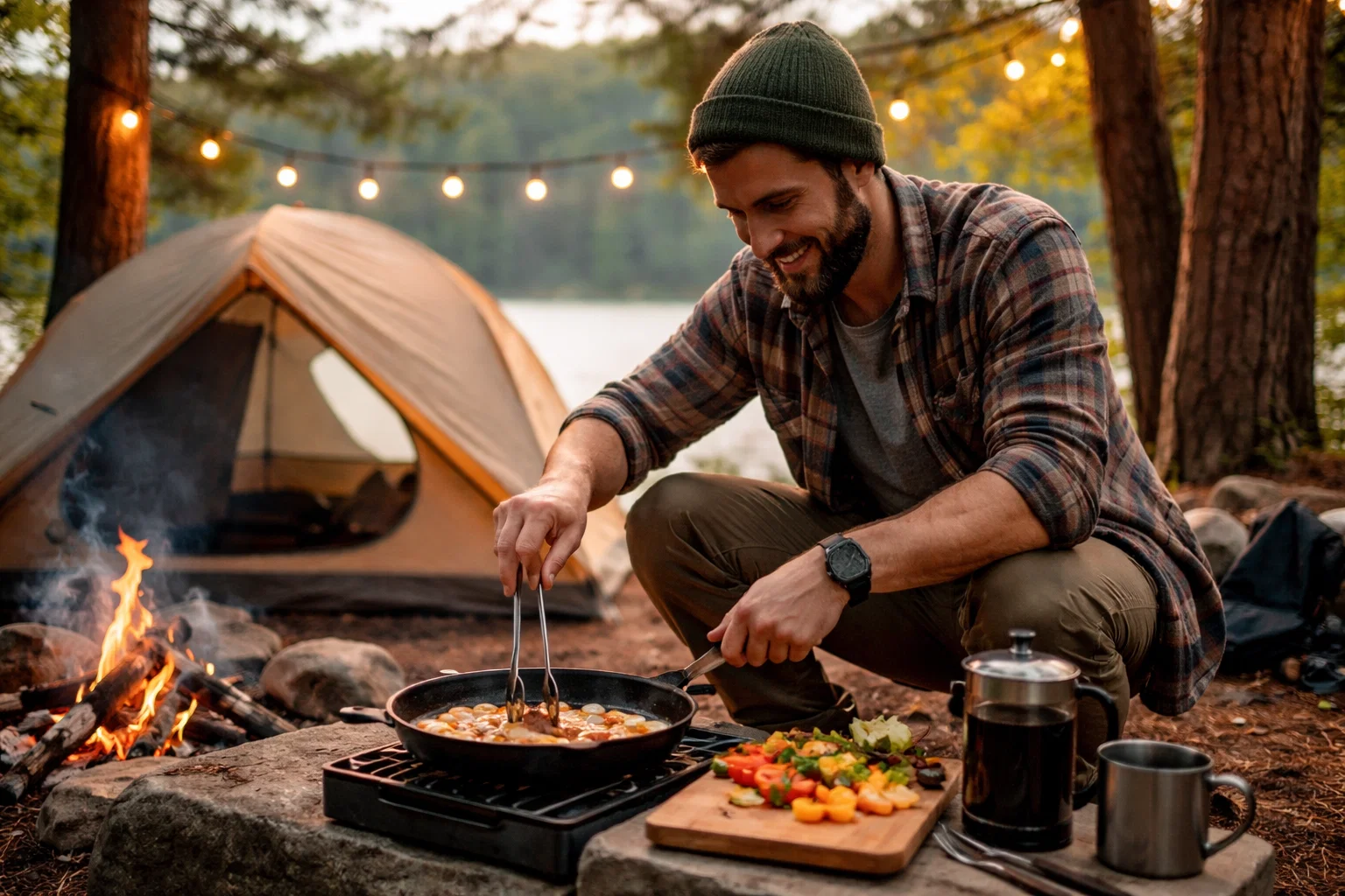 A man outdoor cooking whilst camping 