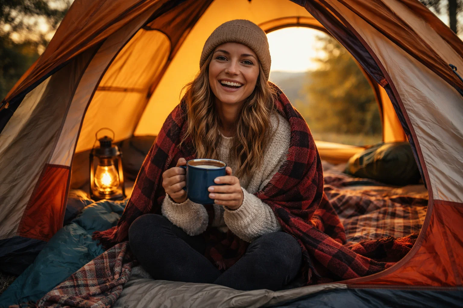 A happy camper in their tent