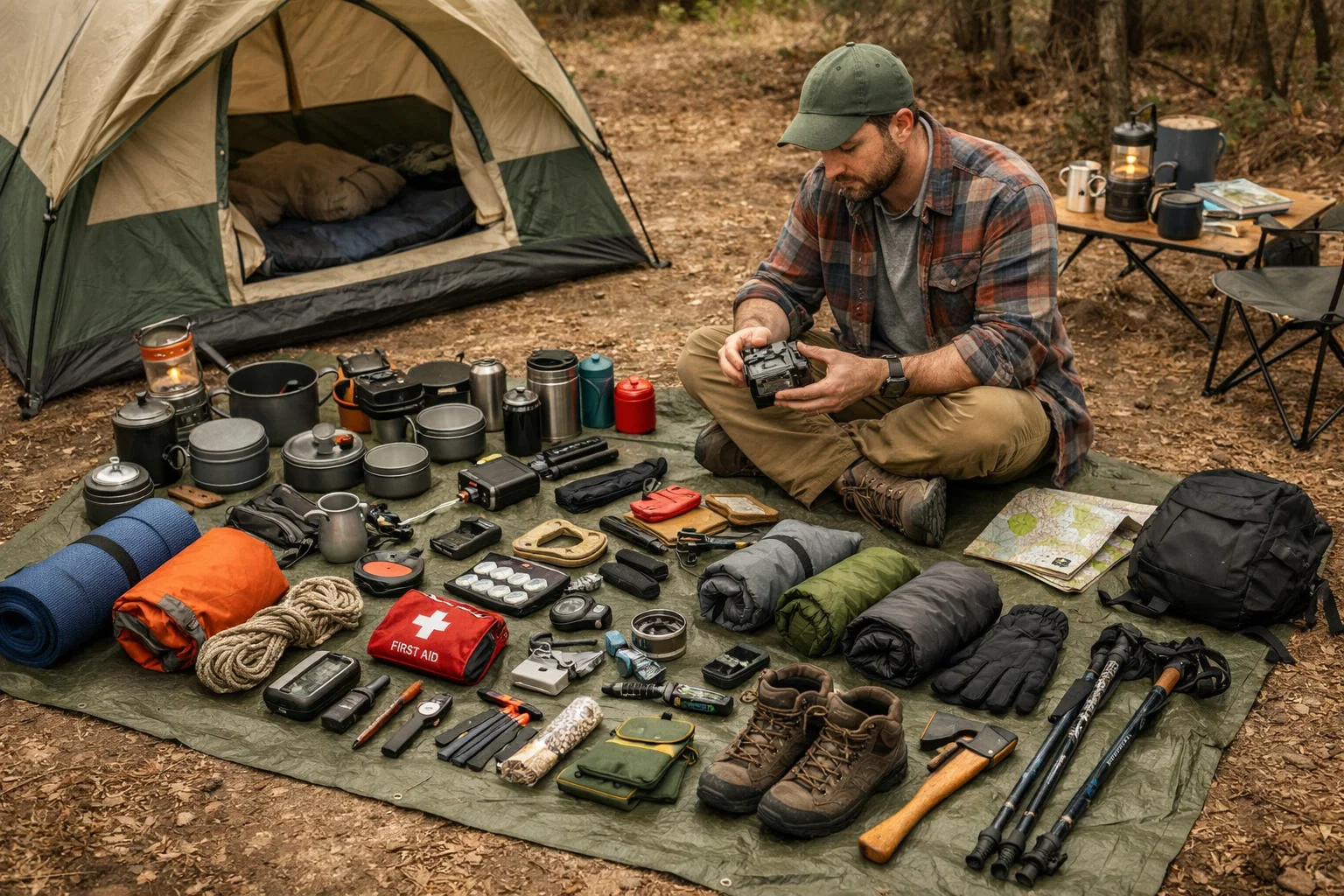A camper sorting out camping accessories 