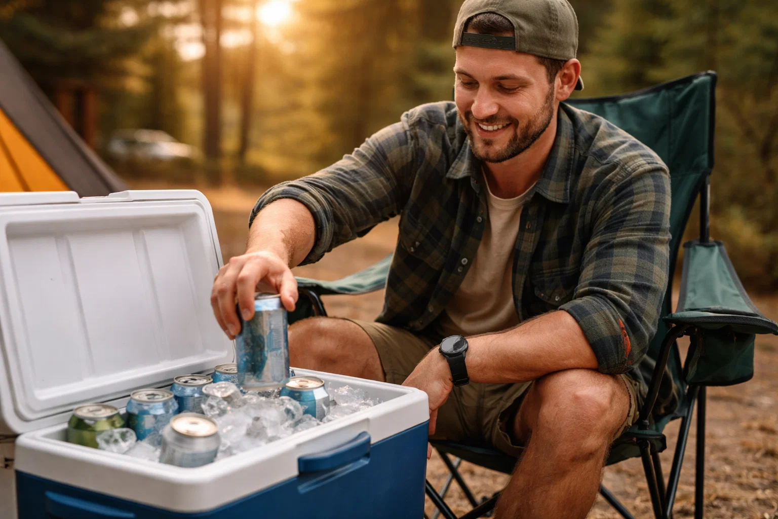 A camper pulling a beer out of a cooler whilst sat in a camping chair 